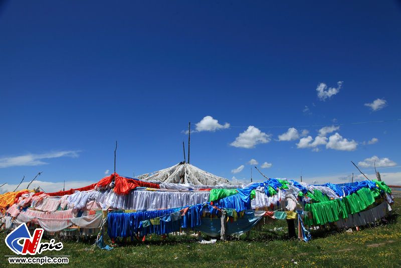  壮观的红原瓦切经幡是围成-顶园帐篷似的，而且瓦切经幡群面积之大也为藏区所少见。